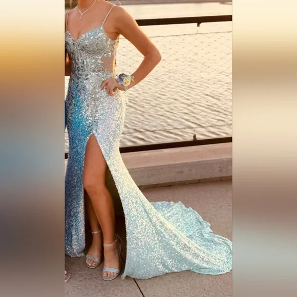 Lace-Up Long Sequin Prom Dress: Nox Anabel G1655 - Picture 8 of 9